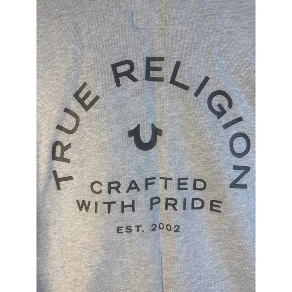 True Religion Mens Zip Up Hoodie Medium Heather Grey Embroidered Horseshoe Logo